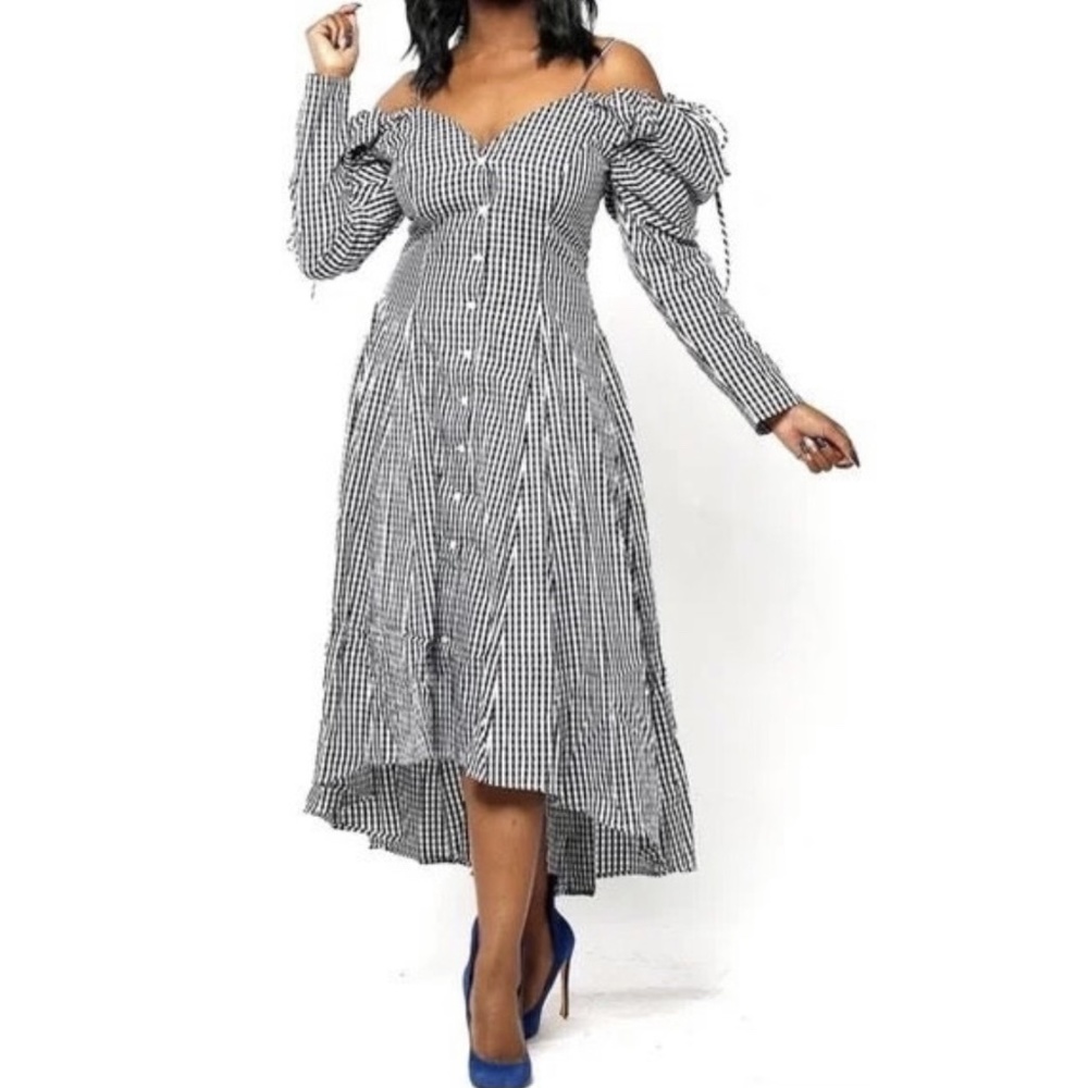 Black and White Plaid Checkered Off Shoulder Puff Sleeve High Low Dress …